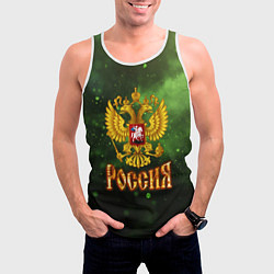 Майка-безрукавка мужская Герб России на зеленом с частицами фоне, цвет: 3D-белый — фото 2