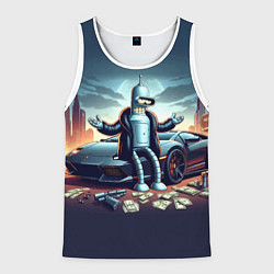 Майка-безрукавка мужская Бендер рядом с Ламбо и рассыпанным баблом, цвет: 3D-белый