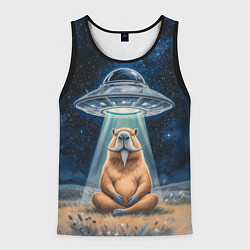 Майка-безрукавка мужская Нло похищает капибару сидящую в позе лотоса, цвет: 3D-черный