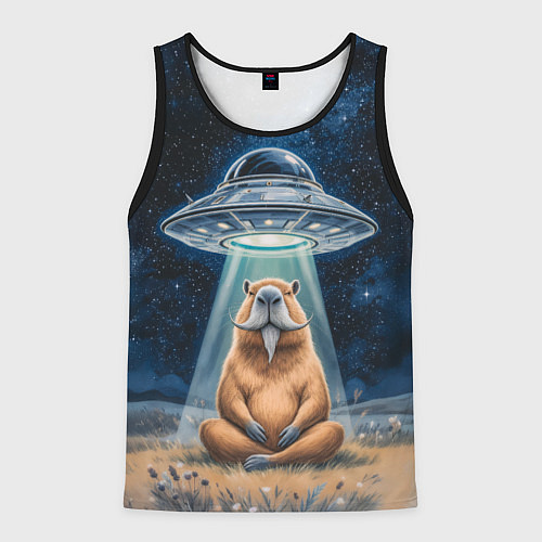 Мужская майка без рукавов Нло похищает капибару сидящую в позе лотоса / 3D-Черный – фото 1