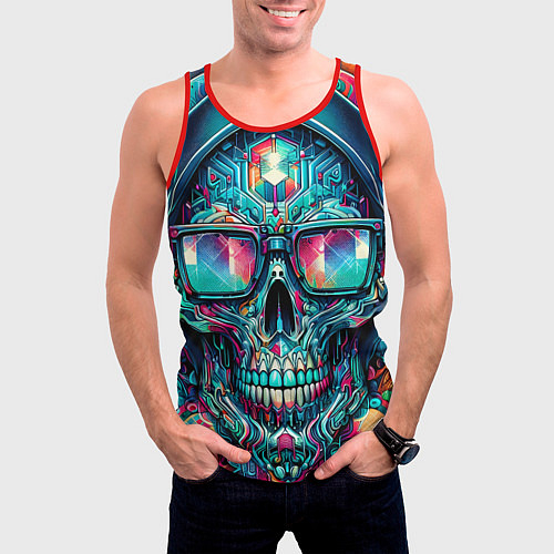 Мужская майка без рукавов Кибер череп в балахоне и очках - нейроарт фантазия / 3D-Красный – фото 3