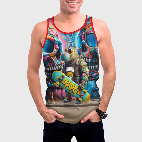 Мужская майка без рукавов Hippo with longboard - graffiti / 3D-Красный – фото 3
