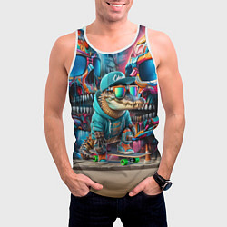 Майка-безрукавка мужская Крокодилёныш крутой скейтбордист - киберпанк, цвет: 3D-белый — фото 2