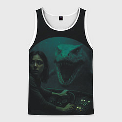 Майка-безрукавка мужская Тилозавр нападает на батискаф с девушкой ужасы, цвет: 3D-белый