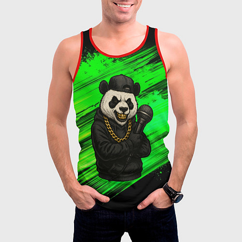 Мужская майка без рукавов Панда рэпер с микрофоном / 3D-Красный – фото 3