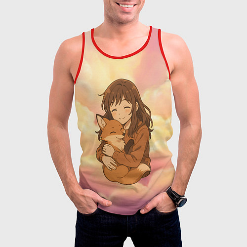 Мужская майка без рукавов Девочка обнимает лисичку / 3D-Красный – фото 3