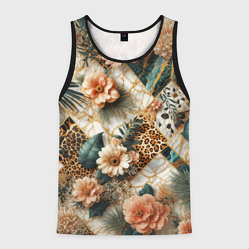 Мужская майка без рукавов Цветы на кусках мрамора и леопардовом узоре / 3D-Черный – фото 1