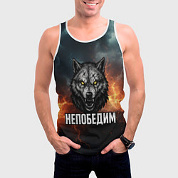 Майка-безрукавка мужская Непобедим - злой волк с желтыми глазами, цвет: 3D-белый — фото 2