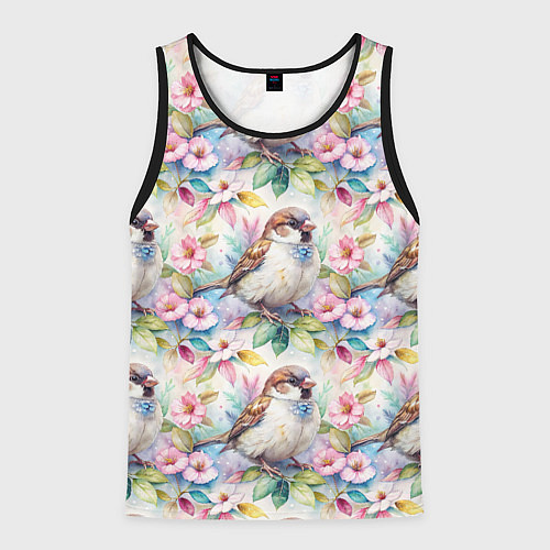 Мужская майка без рукавов Воробей в ярких цветах паттерн / 3D-Черный – фото 1