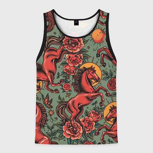 Мужская майка без рукавов Красный конь и розы / 3D-Черный – фото 1