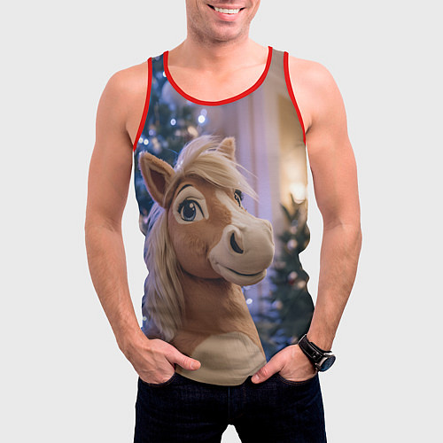 Мужская майка без рукавов Плюшевая новогодняя лошадь / 3D-Красный – фото 3