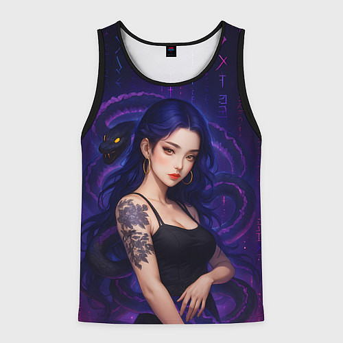 Мужская майка без рукавов Девушка с тату на руке и пурпурная змея / 3D-Черный – фото 1