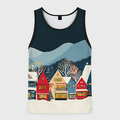 Мужская майка без рукавов Новогодний городок в горах / 3D-Черный – фото 1