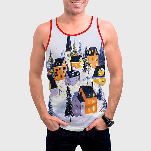 Мужская майка без рукавов Новогодние домики на горе / 3D-Красный – фото 3
