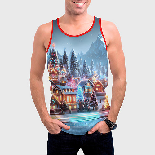 Мужская майка без рукавов Городок в новогодних огоньках / 3D-Красный – фото 3