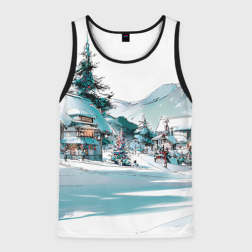 Мужская майка без рукавов Дома и елки - Новый год / 3D-Черный – фото 1