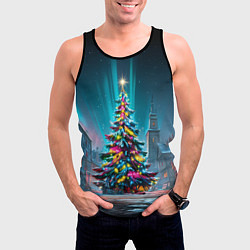 Майка-безрукавка мужская Новогодняя елка в гирляндах, цвет: 3D-черный — фото 2