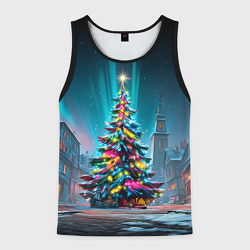 Мужская майка без рукавов Новогодняя елка в гирляндах / 3D-Черный – фото 1