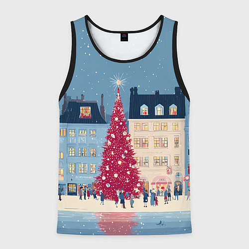 Мужская майка без рукавов Новогоднее гуляние у красной елки / 3D-Черный – фото 1