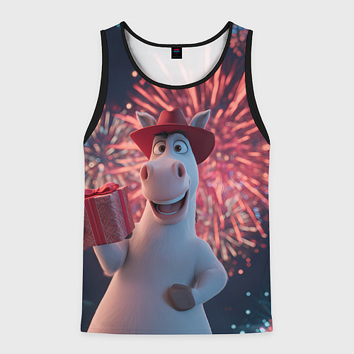 Мужская майка без рукавов Лошадь с подарком на фоне салюта / 3D-Черный – фото 1