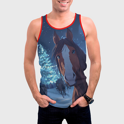 Мужская майка без рукавов Лошадь на фоне новогодней елки / 3D-Красный – фото 3