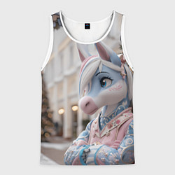Майка-безрукавка мужская Новогодняя лошадка у елки, цвет: 3D-белый