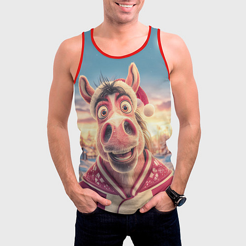 Мужская майка без рукавов Счастливая новогодняя лошадь / 3D-Красный – фото 3