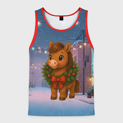 Майка-безрукавка мужская Лошадка с новогоднем венком 2026, цвет: 3D-красный