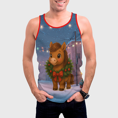 Мужская майка без рукавов Лошадка с новогоднем венком 2026 / 3D-Красный – фото 3