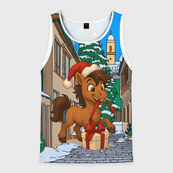 Майка-безрукавка мужская Лошадка распаковывает новогодний подарок, цвет: 3D-белый