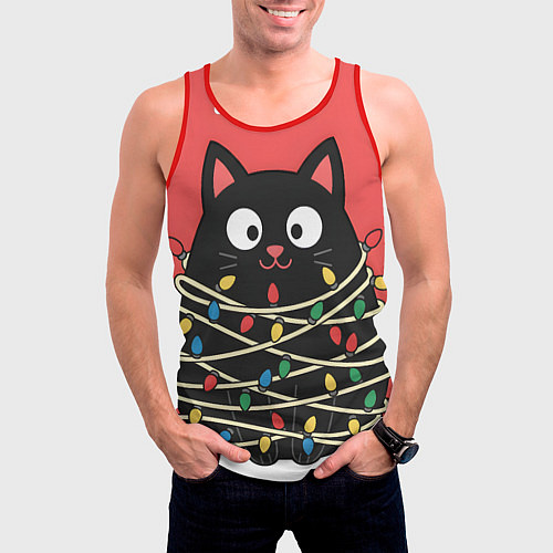 Мужская майка без рукавов Котик в гирлянде / 3D-Красный – фото 3