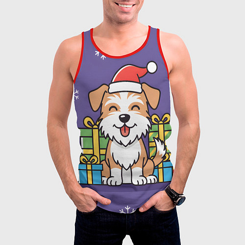 Мужская майка без рукавов Новогодняя собачка с подарками / 3D-Красный – фото 3