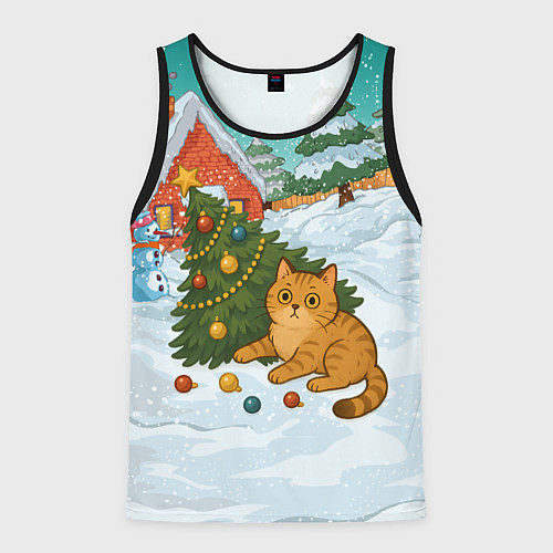 Мужская майка без рукавов Толстый кот уронил елку / 3D-Черный – фото 1