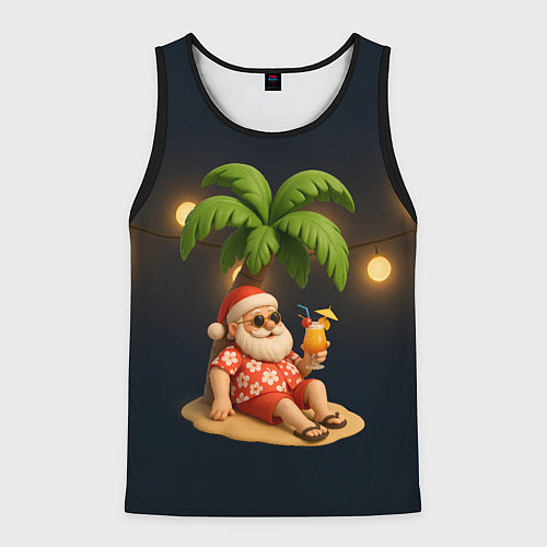 Мужская майка без рукавов Санта чиллит под пальмой / 3D-Черный – фото 1