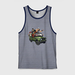 Майка мужская хлопок Персонажи жожо едут на уазике джо джо, цвет: синяя тельняшка