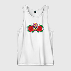 Майка мужская хлопок Мексиканский череп и розы, цвет: белый