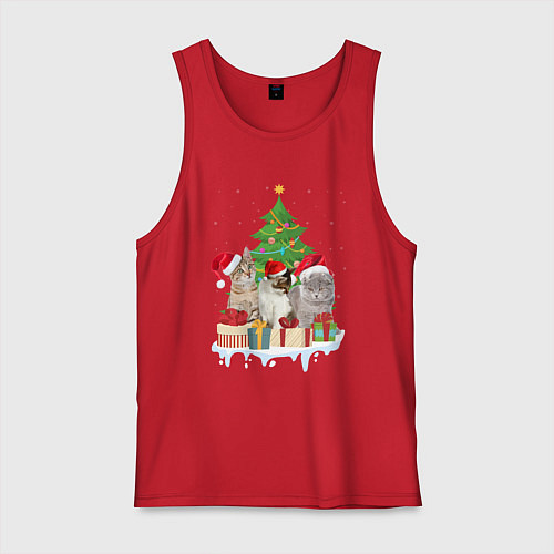 Мужская майка Коты и елка с подарками / Красный – фото 1