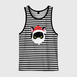 Майка мужская хлопок Кот дед Мороз, цвет: черная тельняшка