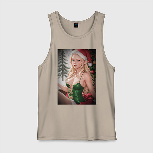 Мужская майка Новогодняя эльфийка / Миндальный – фото 1