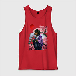 Мужская майка Такса-Самурай весенняя на фоне сакуры