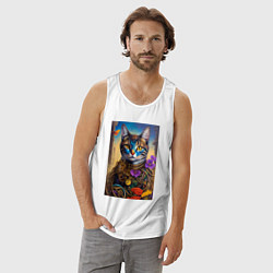 Майка мужская хлопок Кот в стиле стимпанк - нейросеть - искусство, цвет: белый — фото 2