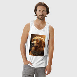Майка мужская хлопок Золотистый ретривер в золотых очках, цвет: белый — фото 2