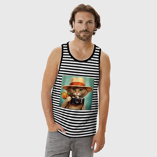 Мужская майка Кот в соломенной шляпе с фотоаппаратом / Черная тельняшка – фото 3