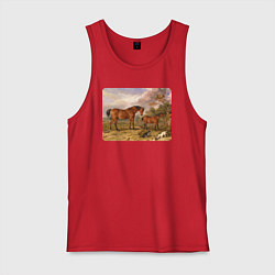 Майка мужская хлопок Две лошади и две собаки, цвет: красный