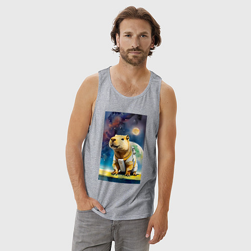 Мужская майка Capybara brave astronaut - neural network / Меланж – фото 3