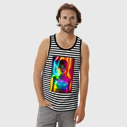 Мужская майка Japanese girl - neon glow - neural network / Черная тельняшка – фото 3