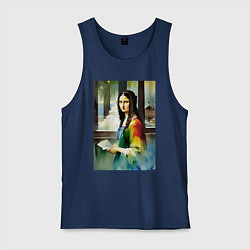 Майка мужская хлопок Мона Лиза в библиотеке - нейросеть - акварель, цвет: тёмно-синий