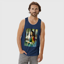 Майка мужская хлопок Мона Лиза в библиотеке - нейросеть - акварель, цвет: тёмно-синий — фото 2