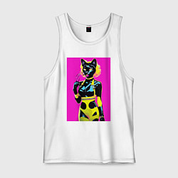 Майка мужская хлопок Black cat - fashionista - pop art - neural network, цвет: белый