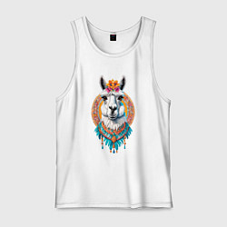 Майка мужская хлопок Красивая лама с цветами и перьями, цвет: белый